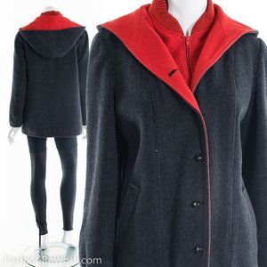 Gray Wool Coat, Gray and Red Wool Coat, Wool Coat with Hoodie, Collegiate Wool C
